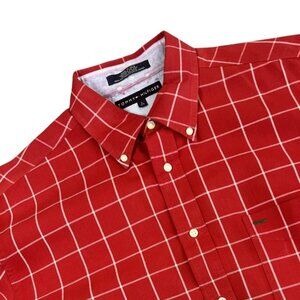 Vintage Tommy Hilfiger Mens L Red Checkered Button Down Long Sleeve Crest Casual